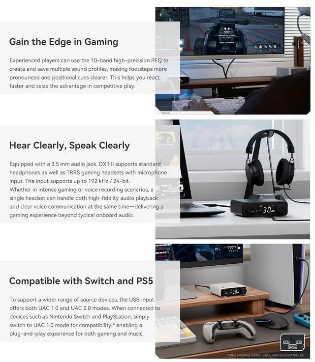 Alt view image 5 of 7 - DX1 II Game HiFi DAC Headphone amp - ES9039Q2M DAC 1000mWx2 Fully Balacnced Headphone Amplifier Preamp Gaming Headset Compatible (White)