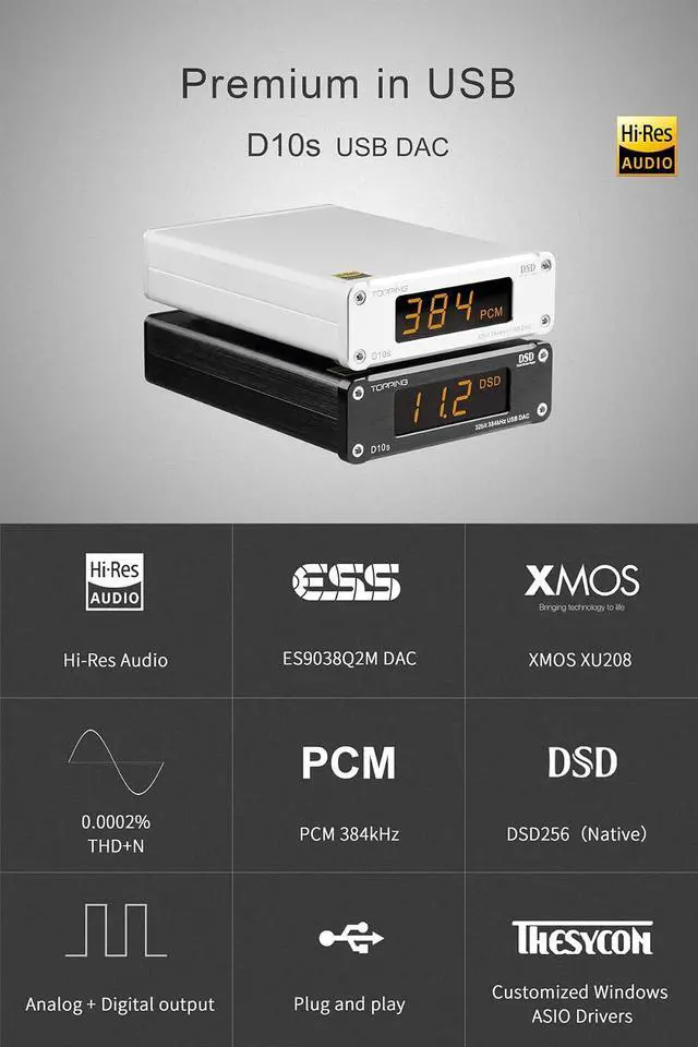 Alt view image 3 of 7 - D10s HiFi USB DAC - ES9038Q2M DAC XMOS XU208 PCM384kHz DSD256 Hi-Res Audio Desktop Decoder for PC Black