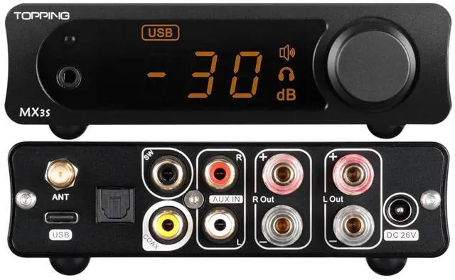 Main image of MX3s Amplifier 62W x 2 Class D Power amp Subwoofer Out 700mW x 2 Headphone amp 24-bit/192kHz AKM USB C DAC Bluetooth Support(Black)