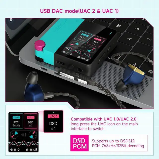 Alt view image 4 of 7 - W4 Bluetooth Headphone Amplifier USB DAC, BT 5.4 & NFC, aptX Lossless LDAC, Dual DAC, DSD512 PCM 768kHz, 2-Inch Touch Screen, CVC Noise Reduction, 3.5mm & 4.4mm Balanced Output