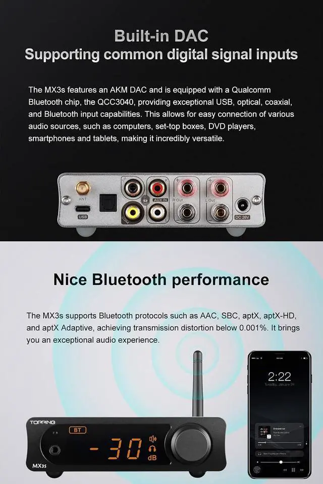 Alt view image 3 of 7 - MX3s Amplifier 62W x 2 Class D Power amp Subwoofer Out 700mW x 2 Headphone amp 24-bit/192kHz AKM USB C DAC Bluetooth SupportSilver