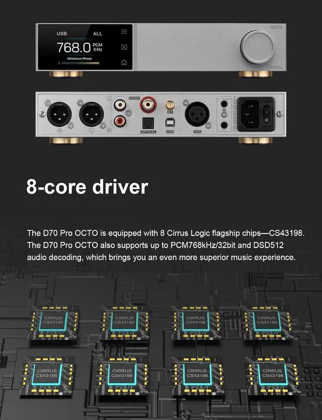 Alt view image 2 of 7 - D70 Pro OCTO DAC - 8X CS43198 Bluetooth 5.1 LDAC Aurora UI Colour Display RCA & XLR Output HiFi Decoder with Remote Control (Black)