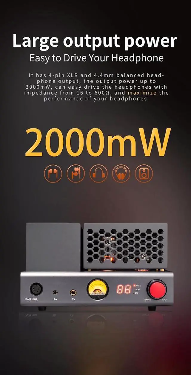 Alt view image 4 of 7 - TA20 Plus Tube Headphone Amplifier - Class A Amp with VU Meter Balanced in/Out Power up to 2000mW for 16~600 Headphone amp