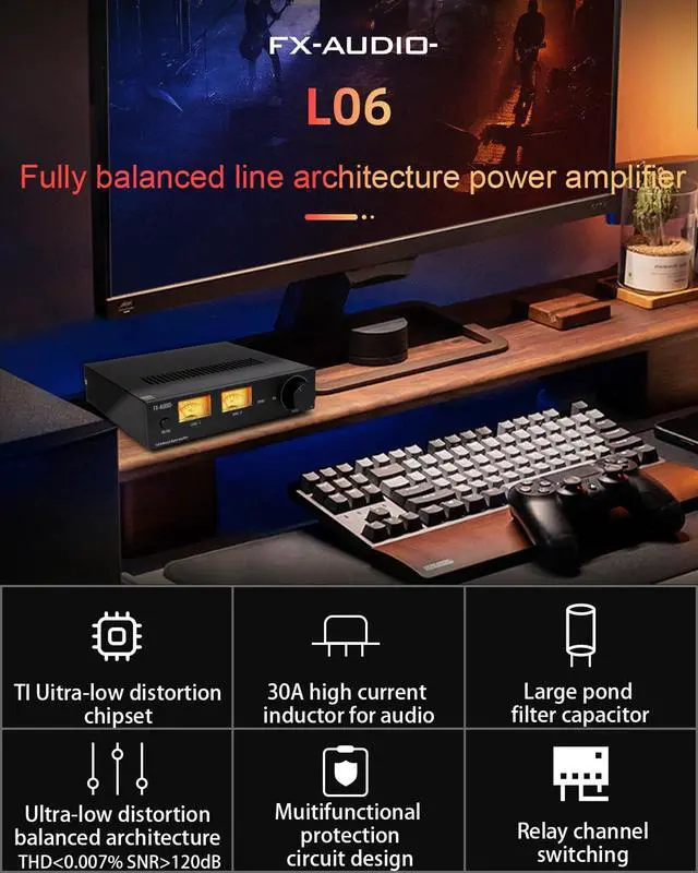 Alt view image 2 of 7 - FX-Audio- L06 Fully Balanced Power Amplifier with VU Meter - 500W + 500W Dual TPA3255 HiFi Class D Stereo Digital HiFi Amp for 2-8 Passive Speaker Home Audio