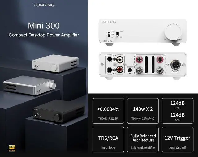 Alt view image 2 of 7 - Mini 300 Compact Desktop Power Amplifier - Fully-Balanced Class-D Amp, TRS/RCA Input, 12V Trigger, Ultra-Low Distortion, Zero-Noise Safe and Reliable (White)