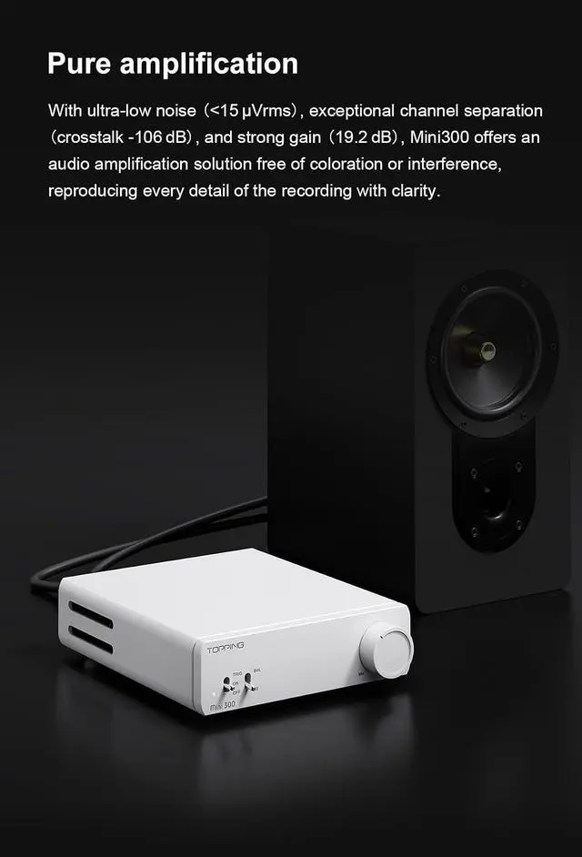 Alt view image 7 of 7 - Mini 300 Compact Desktop Power Amplifier - Fully-Balanced Class-D Amp, TRS/RCA Input, 12V Trigger, Ultra-Low Distortion, Zero-Noise Safe and Reliable (White)