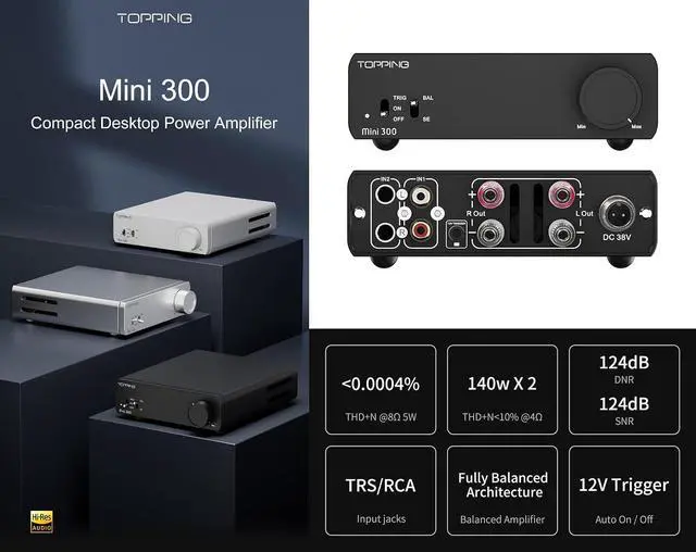 Alt view image 2 of 7 - Mini 300 Compact Desktop Power Amplifier - Fully-Balanced Class-D Amp, TRS/RCA Input, 12V Trigger, Ultra-Low Distortion, Zero-Noise Safe and Reliable (Black)