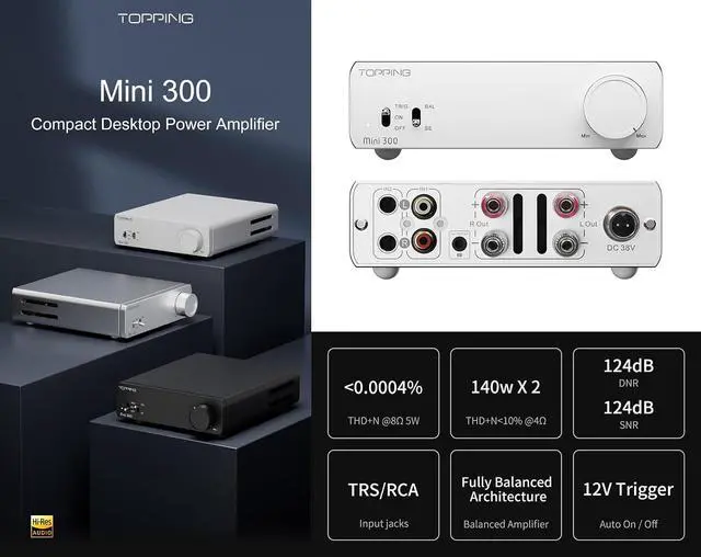 Alt view image 2 of 7 - Mini 300 Compact Desktop Power Amplifier - Fully-Balanced Class-D Amp, TRS/RCA Input, 12V Trigger, Ultra-Low Distortion, Zero-Noise Safe and Reliable (Silver)