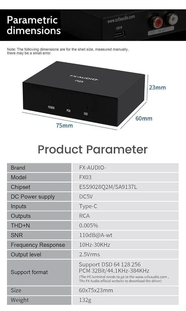 Alt view image 5 of 7 - FX-Audio FX03 USB C DAC 384Khz DAC Decorder USB-C to RCA Digital to Analog Audio Converter Support DSD 256 PCM 32Bit for Set-top Box,Mobile Phone,Computer,Game Machine