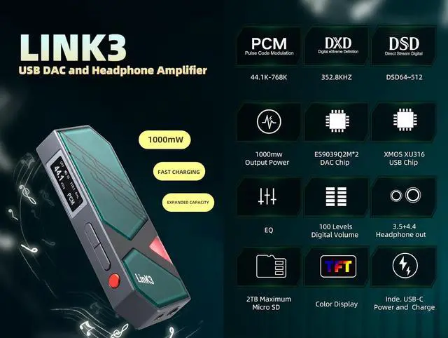 Alt view image 2 of 7 - LINK3 USB DAC Headphone Amplifier - ES9039Q2M*2 DAC Chip XMOS XU316 1000mw Output Power 3.5+4.4 Headphone Out Color Display