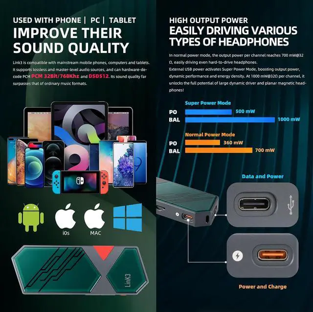 Alt view image 3 of 7 - LINK3 USB DAC Headphone Amplifier - ES9039Q2M*2 DAC Chip XMOS XU316 1000mw Output Power 3.5+4.4 Headphone Out Color Display