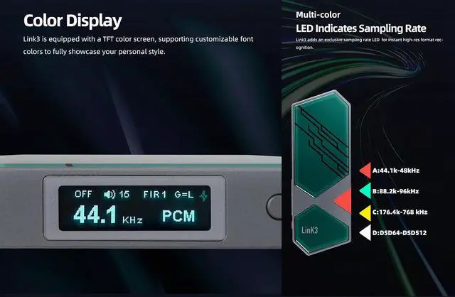 Alt view image 6 of 7 - LINK3 USB DAC Headphone Amplifier - ES9039Q2M*2 DAC Chip XMOS XU316 1000mw Output Power 3.5+4.4 Headphone Out Color Display