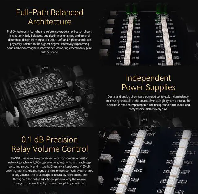 Alt view image 3 of 7 - PRE900 Fully Balanced Preamplifier - 3 XLR/TRS Balanced Inputs Four-Channel Fully Balanced Architecture 0.1 dB Precision Relay Volume Control Three Gain 12V Trigger