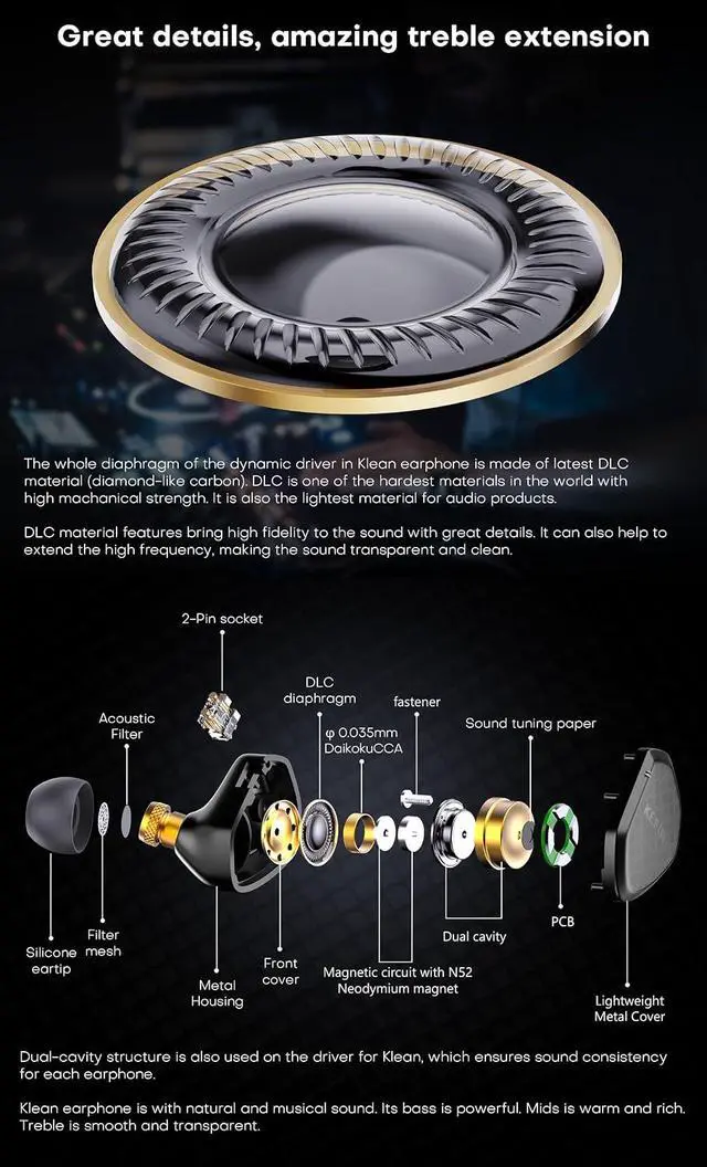 Alt view image 3 of 7 - KEFINE Klean HiFi Wired in-Ear Monitors, 10mm DLC Diaphragm Dynamic Driver in Ear Earphones, with 0.78mm 2-pin Detachable Silver-Plated Cable, Gaming Earbuds (No Mic 3.5mm, Black)