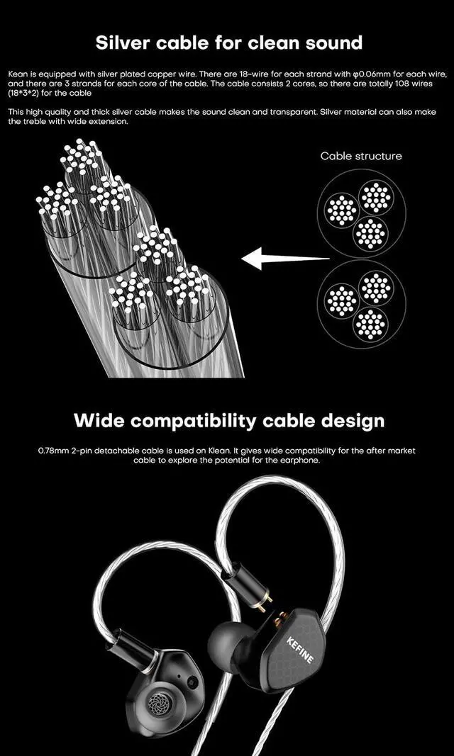 Alt view image 7 of 7 - KEFINE Klean HiFi Wired in-Ear Monitors, 10mm DLC Diaphragm Dynamic Driver in Ear Earphones, with 0.78mm 2-pin Detachable Silver-Plated Cable, Gaming Earbuds (No Mic 3.5mm, Black)