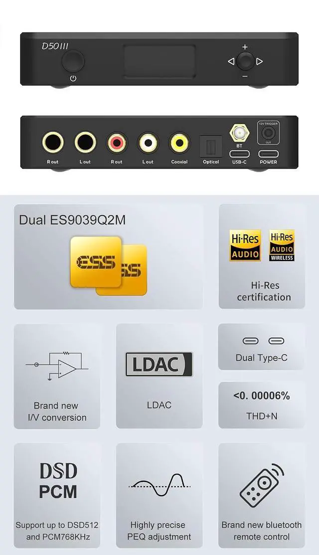 Alt view image 2 of 7 - D50 III DAC Preamplifier - LDAC Bluetooth 5.1 Dual ES9039Q2M D/A Chips Supports DSD512 PCM768kHz,PEQ Adjustment and Remote Control (Black)