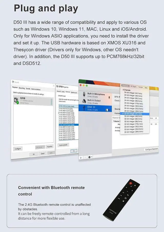 Alt view image 6 of 7 - D50 III DAC Preamplifier - LDAC Bluetooth 5.1 Dual ES9039Q2M D/A Chips Supports DSD512 PCM768kHz,PEQ Adjustment and Remote Control (Black)