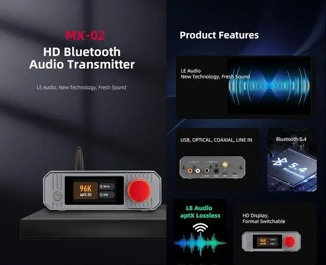 Alt view image 2 of 7 - MX-02 HD Bluetooth 5.4 Audio Transmitter - LE Audio, and aptX Lossless for Ultra-Low Latency, Bluetooth Dongle for PC/TV/CD Players/PS5, Wireless Lossless Transmitter for Speakers/Headphones