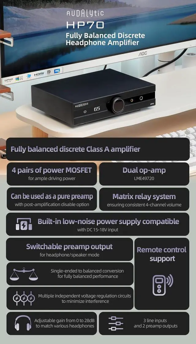 Alt view image 2 of 7 - Gustard AUDALYTIC HP70 Fully Balanced Discrete Headphone Amplifer - Class A Amplifier LME49720 Dual op-amp Preamp 3 line inputs and 2 preamp outputs Remote Control Support (Silver)