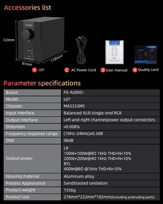 Alt view image 4 of 7 - FX-Audio- L07 Stereo Audio Amplifier 200W x2 MA5332MS 2 Channel Class D Power Amp Bridgeable BTL 400W Hi-Fi Fully Balanced Amp for Passive Bookshelf Desktop Speakers Home Theater