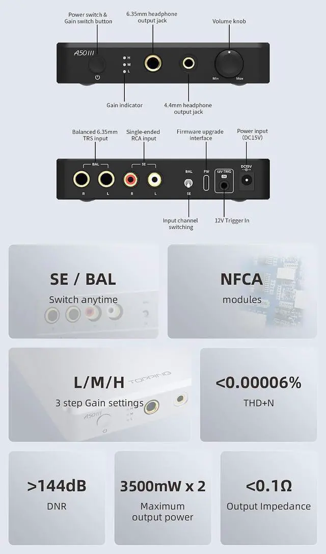 Alt view image 2 of 7 - A50 III NFCA Headphone amp Pre-Amplifier - SE/BAL Input 6.35mm Single-end 4.4mm Balanced Jack 3500mW x2 Powerful Output (A50III Silver)