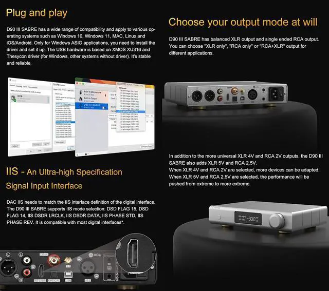 Alt view image 4 of 7 - D90 III Sabre MQA Full Balance HiFi DAC Bluetooth 5.1 ES9039SPROx2 DSD512 PCM32bit/768kHz USB/Coax/Opt/AES/IIS Desktop Audio Preamp (Black)