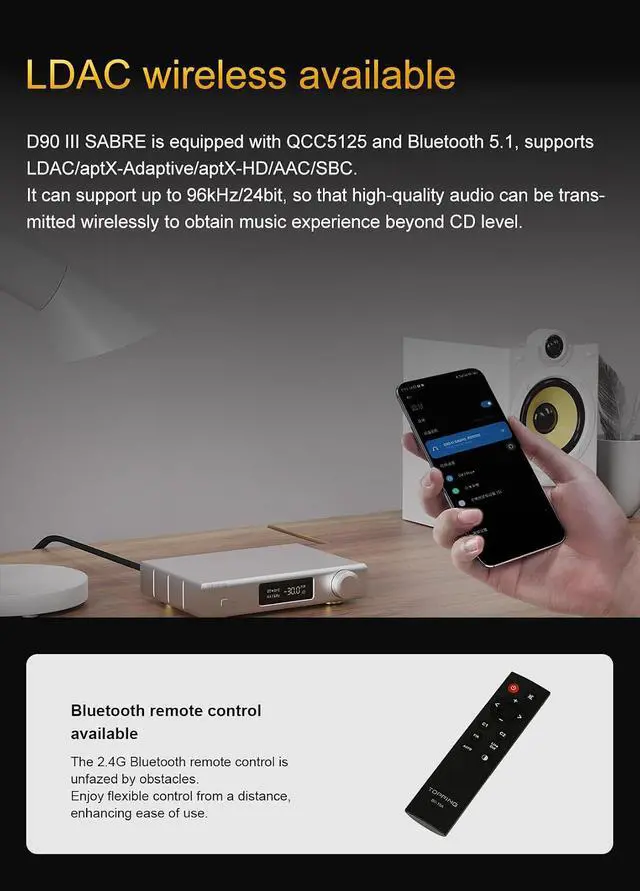 Alt view image 6 of 7 - D90 III Sabre MQA Full Balance HiFi DAC Bluetooth 5.1 ES9039SPROx2 DSD512 PCM32bit/768kHz USB/Coax/Opt/AES/IIS Desktop Audio Preamp (Black)