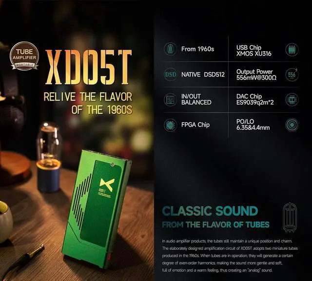 Alt view image 2 of 7 - XD05 T Portable DAC & Tube Balanced Headphone Amplifier - 1500mW AMP ES9039Q2M MQA DAC DSD512 32Bit/768kHz Bluetooth5.1/USB/Coaxial/Optical/AUX Input