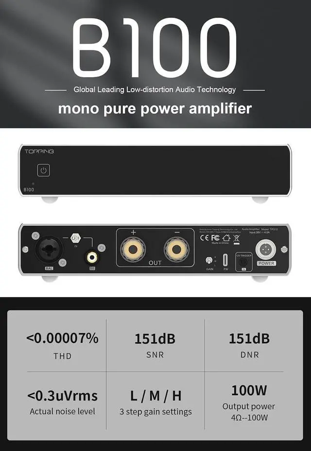 Alt view image 2 of 7 - B100 Mono Pure Power Amplifier - 100W Ouput BAL/SE Input 3 Gain 151dB SNR and DNR AMP with 12V Trigger (Black)