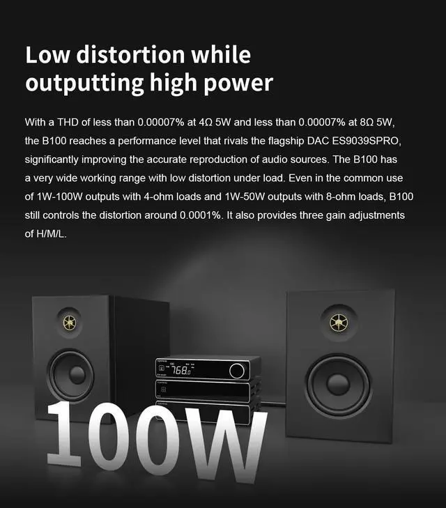 Alt view image 6 of 7 - B100 Mono Pure Power Amplifier - 100W Ouput BAL/SE Input 3 Gain 151dB SNR and DNR AMP with 12V Trigger (Black)
