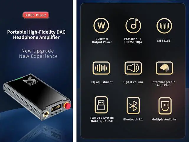Alt view image 2 of 7 - XD05 PLUS2 Portable DAC Headphone Amp - 1200mw Out Power Bluetooth 5.1 USB Support UAC1.0/2.0 PCM384KHZ/DSD256/MQA with EQ Adjustment