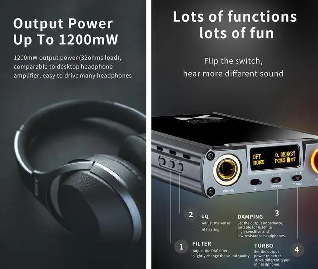 Alt view image 3 of 7 - XD05 PLUS2 Portable DAC Headphone Amp - 1200mw Out Power Bluetooth 5.1 USB Support UAC1.0/2.0 PCM384KHZ/DSD256/MQA with EQ Adjustment