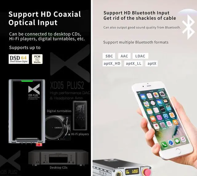 Alt view image 5 of 7 - XD05 PLUS2 Portable DAC Headphone Amp - 1200mw Out Power Bluetooth 5.1 USB Support UAC1.0/2.0 PCM384KHZ/DSD256/MQA with EQ Adjustment