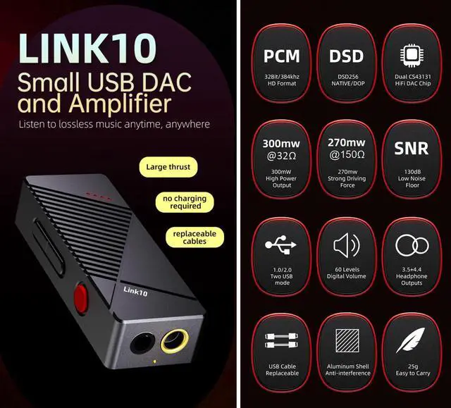 Alt view image 2 of 7 - LINK10 Portable Mini USB DAC Headphone Amplifier 3.5 and 4.4mm - Dual CS43131 HiFi DAC Chip 32Bit 384khz DSD256 1.0/2.0 Two USB Mode