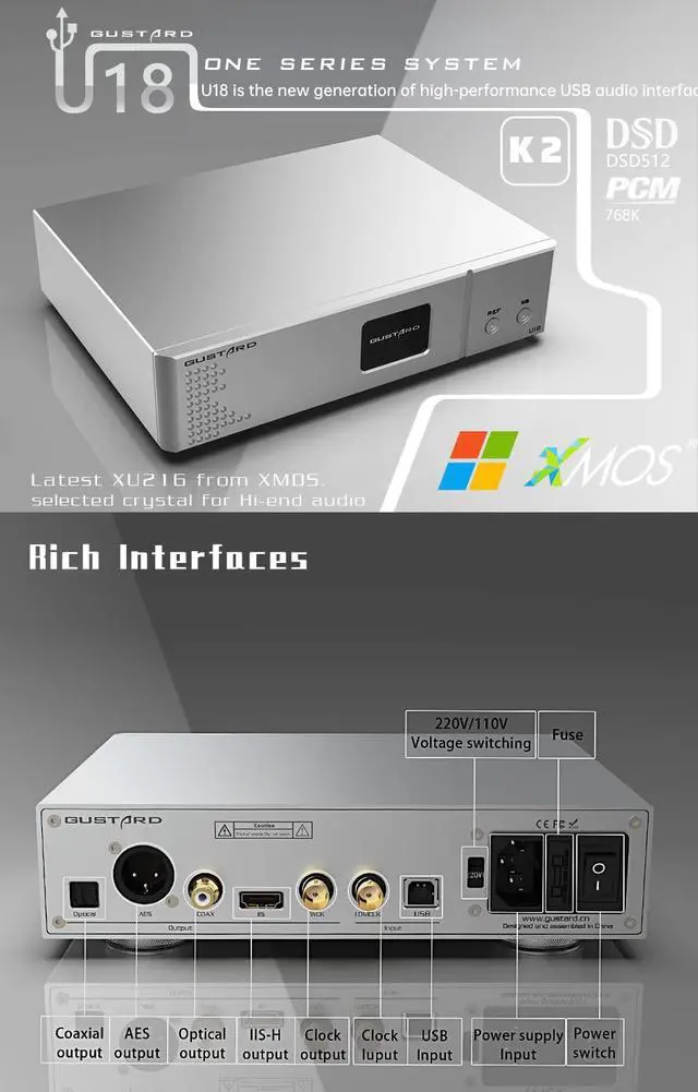 Alt view image 2 of 7 - Gustard U18 DDC Digital Interface USB Interface DSD512 PCM768Khz XU216 K2 Fully Isolation AS338 Hi-End Crystol IIS USB Audio Interface (Black)