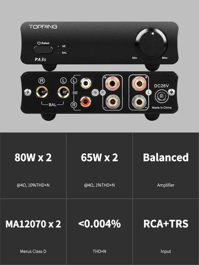 Alt view image 2 of 7 - PA3S Power Amplifier MA120702 x 2 Class D Fully Balanced Single Ended AMP 80W x 2 RCA TRS Stereo Home Audio Amplifier (Black)