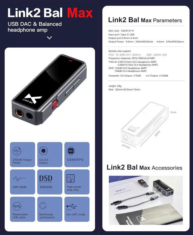 Alt view image 2 of 7 - Link2 Bal Max Portable Balanced DAC Headphone Amp - 4.4+3.5 Output 270mW Output Power Supports up to PCM 32bit/384kHz DSD256 UAC Mode 1.0/2.0