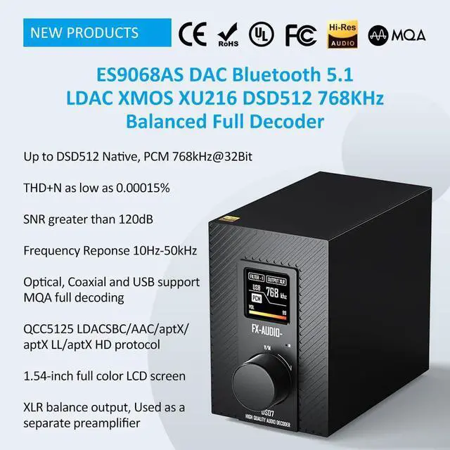 Alt view image 2 of 7 - FX-Audio- DS07 DAC - ES9068AS XU216 Bluetooth 5.1 HiFi Full Balanced Decoder 32Bit/768kHz DSD512 Native MQA, with Remote Control