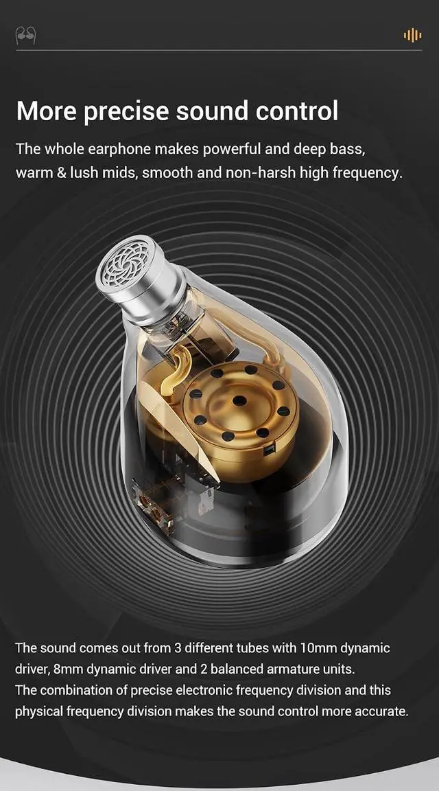 Alt view image 3 of 7 - KEFINE Quatio 2DD+2BA Hybrid Driver in-Ear Monitors, 10mm DLC Diaphragm Hi-Fi Earphones with 3 Tuning Nozzles, 392-Core Silver-Plated Cable with 3.5mm and 4.4mm Modular Plugs