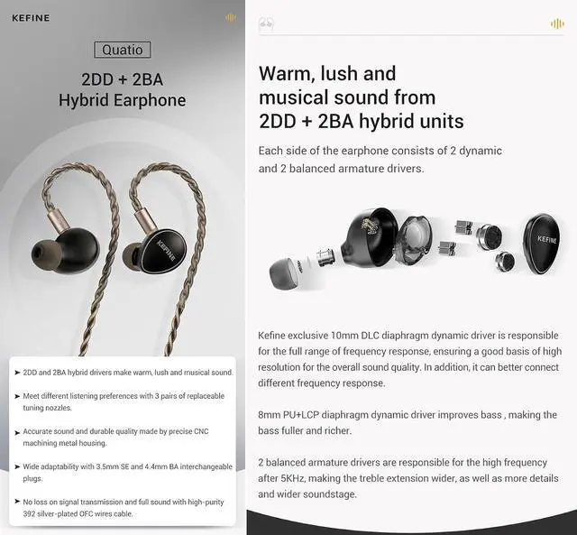 Alt view image 2 of 7 - KEFINE Quatio 2DD+2BA Hybrid Driver in-Ear Monitors, 10mm DLC Diaphragm Hi-Fi Earphones with 3 Tuning Nozzles, 392-Core Silver-Plated Cable with 3.5mm and 4.4mm Modular Plugs