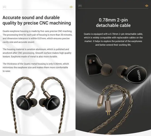 Alt view image 5 of 7 - KEFINE Quatio 2DD+2BA Hybrid Driver in-Ear Monitors, 10mm DLC Diaphragm Hi-Fi Earphones with 3 Tuning Nozzles, 392-Core Silver-Plated Cable with 3.5mm and 4.4mm Modular Plugs