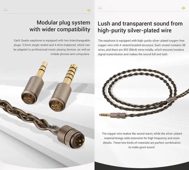 Alt view image 6 of 7 - KEFINE Quatio 2DD+2BA Hybrid Driver in-Ear Monitors, 10mm DLC Diaphragm Hi-Fi Earphones with 3 Tuning Nozzles, 392-Core Silver-Plated Cable with 3.5mm and 4.4mm Modular Plugs