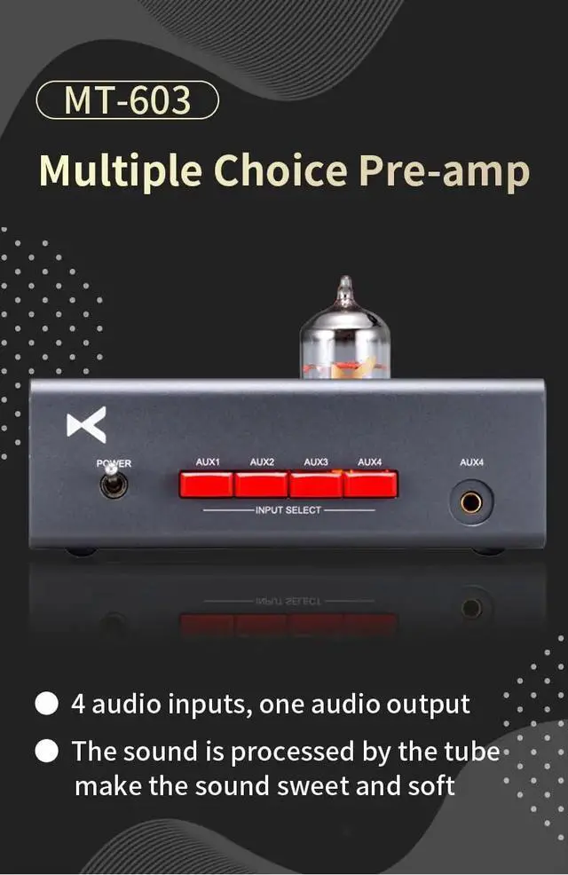 Alt view image 2 of 7 - MT-603 Tube Preamp - 12AU7 Tube Pre-Amplifier with 4 Audio Inputs one Audio Output