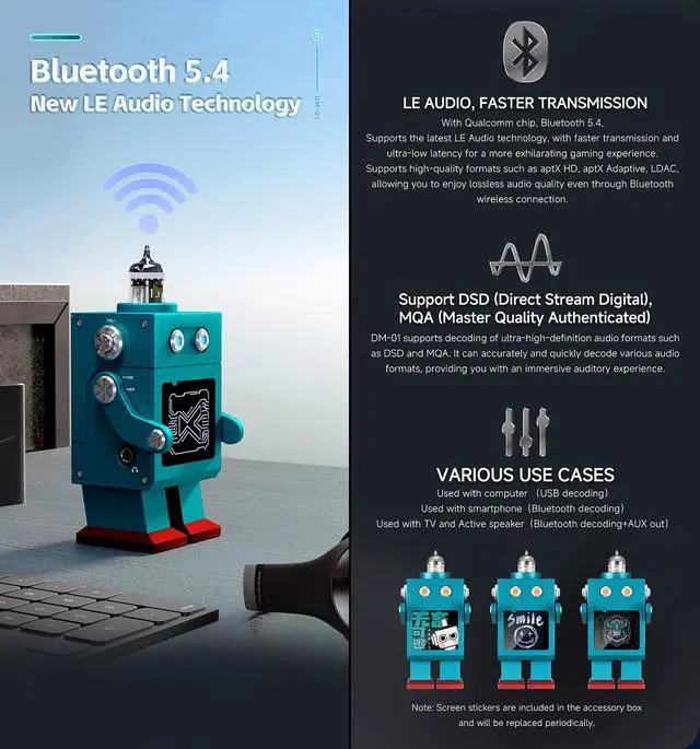 Alt view image 5 of 7 - DM-01 DAC Headphone Amplifier Tube preamp, USB C Bluetooth Input PCM32 Bit/384 kHz, DSD256 and MQA 8X, Suitable for 16-600 ohm Headphones