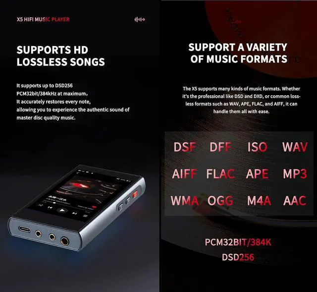 Alt view image 3 of 7 - X5 MP3 Player HiFi Portable Music Player with Bluetooth 4.2, Lossless DSD256 Player, Digital Audio Player Supports up to 1024GB