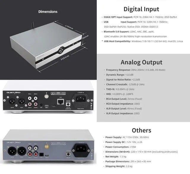Alt view image 5 of 7 - Gustard Audalytic DR70 R2R DAC - Native 1-Bit DSD DSD512 PCM768kHz Fully Discrete Balanced Digital-Analog Converter (Black)