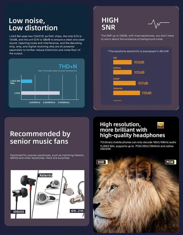 Alt view image 5 of 7 - Link2 Bal Max Portable Balanced DAC Headphone Amp - 4.4+3.5 Output 270mW Output Power Supports up to PCM 32bit/384kHz DSD256 UAC Mode 1.0/2.0