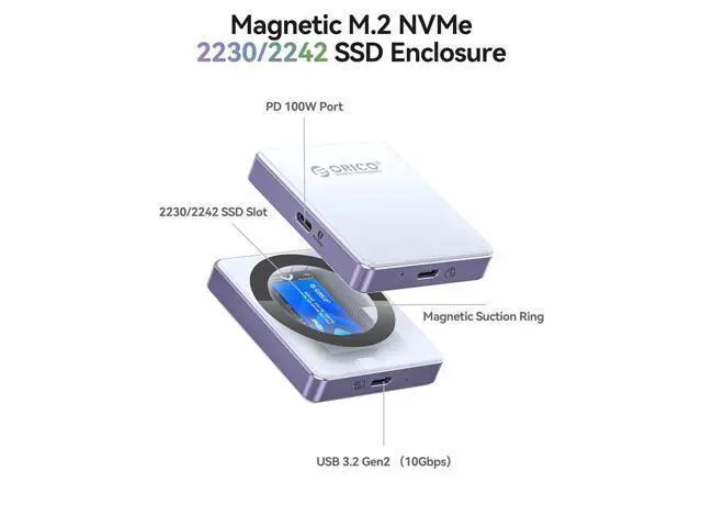 Alt view image 2 of 7 - 10Gbps Magnetic M.2 NVMe SSD Enclosure with PD100W Charging Port 4K ProRes Recording Max 2TB for iPhone 17/16/15 Pro/Pro Max/Plus Support SSD Size 2230/2242 B+M M-Key Diskless AP42P (Black)