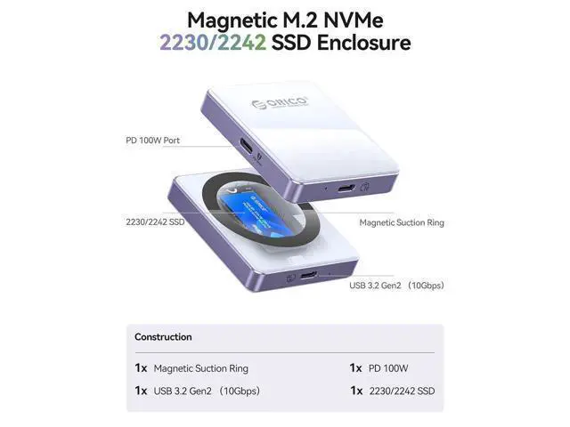 Alt view image 2 of 7 - 10Gbps Magnetic M.2 NVMe SSD Enclosure with PD100W Charging Port 4K ProRes Recording Max 2TB for iPhone 17/16/15 Pro/Pro Max/Plus Support SSD Size 2230/2242 B+M M-Key Diskless AP42P (Green)