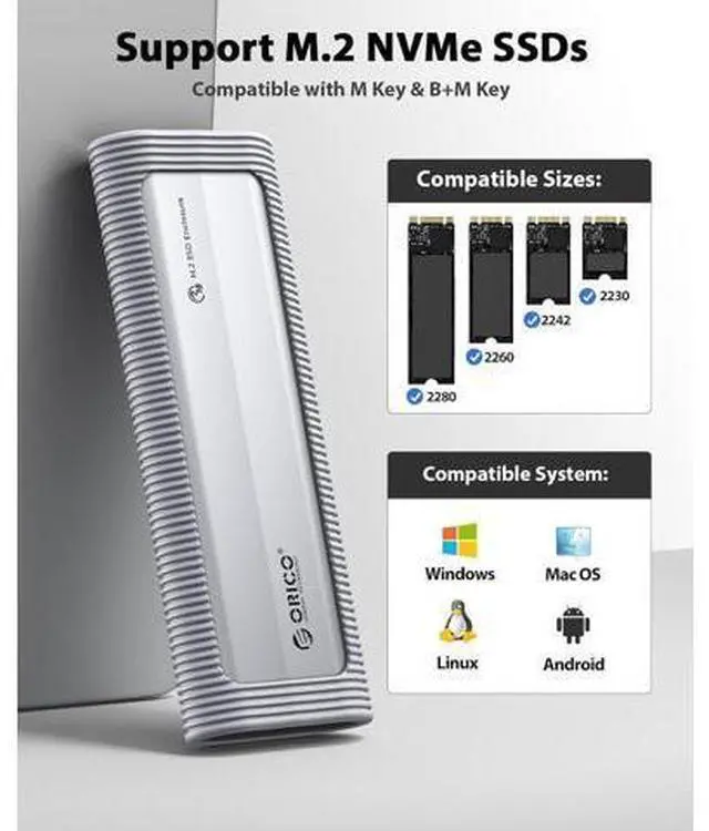 Alt view image 6 of 7 - Aluminum M.2 NVMe SSD Enclosure, USB 3.2 Gen 2(10Gbps ) to Tool-Free NVMe PCI-E M.2 SSD Case, Support UASP for M/B&M Keys Size 2230/2242/2260/2280